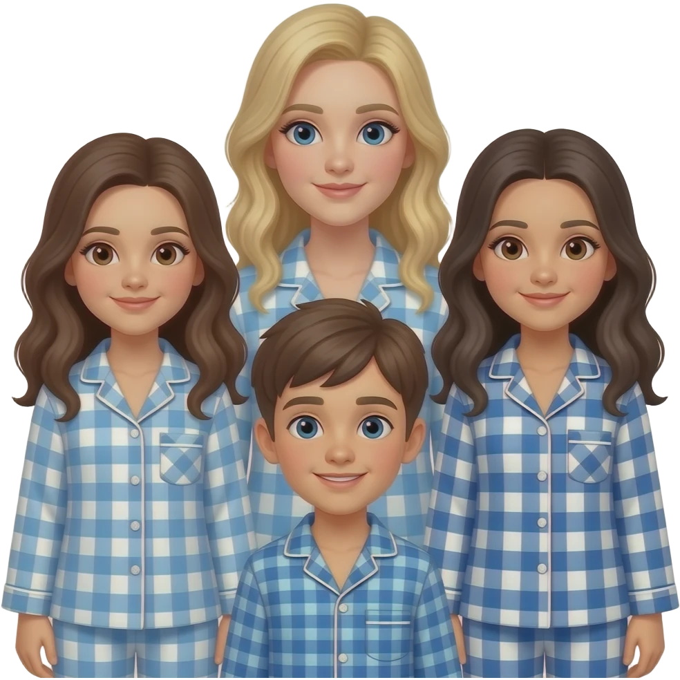 Woman with blond hair blue eyes, 2 teen daughters with dark hair and brown eyes wearing gingham pjs and a younger son with brown hair in the middle wearing blue gingham pjs emoji