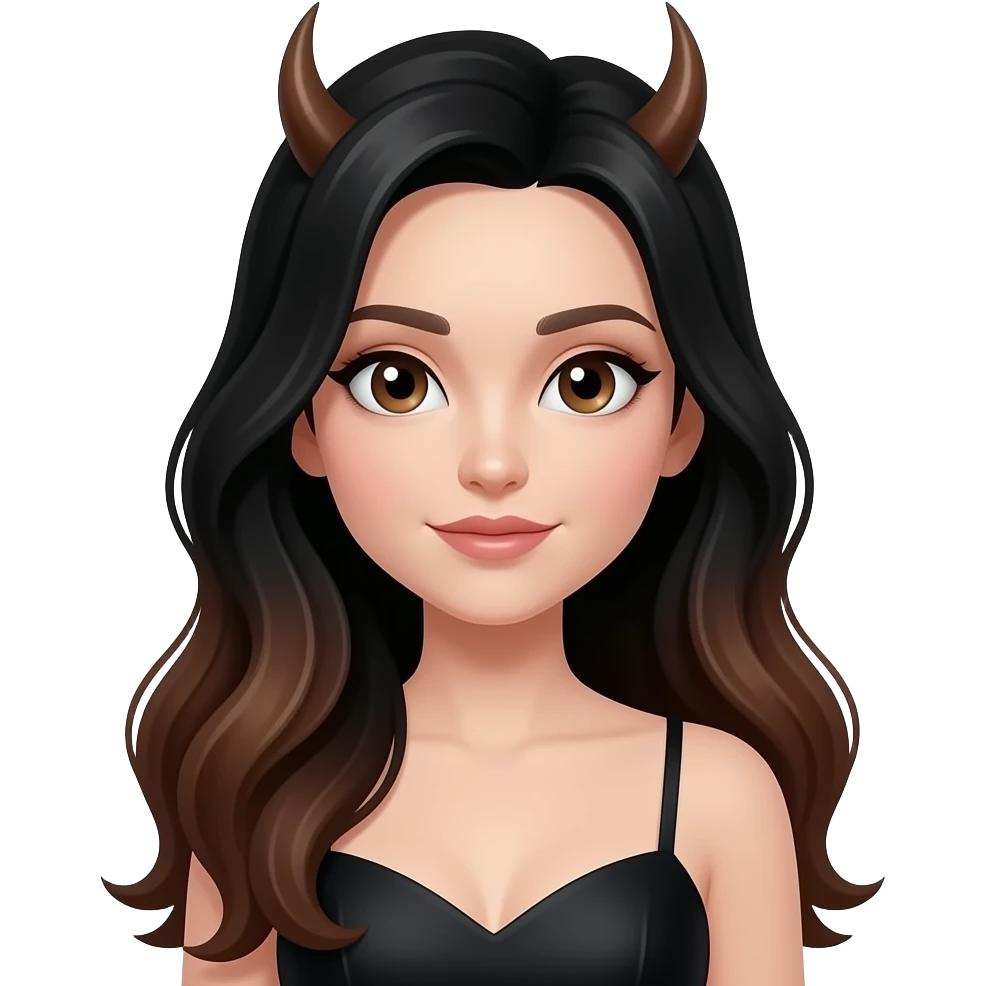 black+brown long hair, siren eyes, point nose, black dress cute emoji