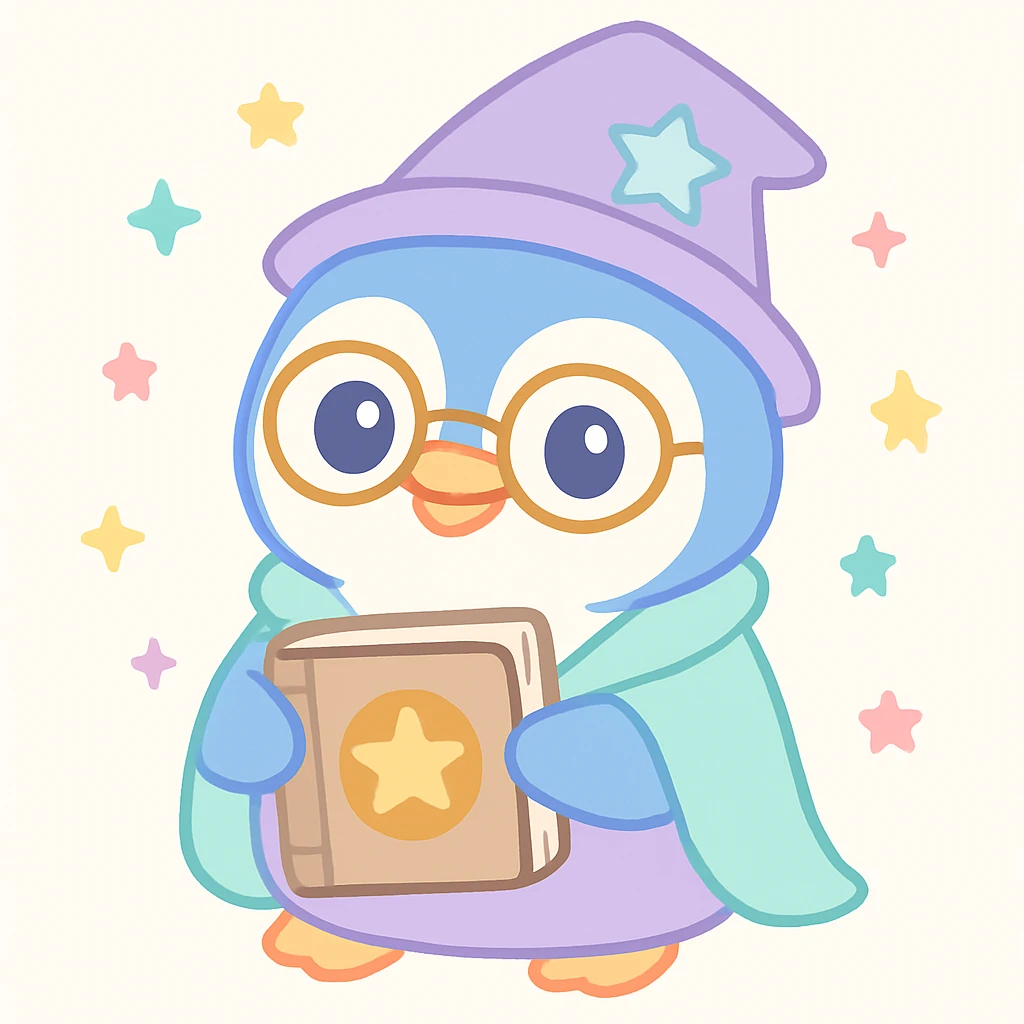 a cute wise penguin wizard with glasses holding an ancient book emoji