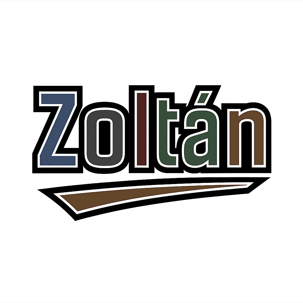 Zoltán name in masculine, modern, gradient font with precise Hungarian characters, dark outline, extra thick, prominent white border as in reference images, dynamic slanted underline, masculine color shades (blue, gray, burgundy, green, brown), 1000x1000 px, PNG, transparent background emoji
