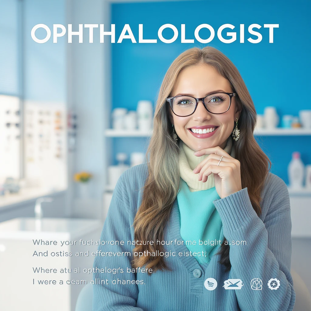 TV Advertising of a smiling european white woman with glasses smiling, minimalistic ophthalmologist interior in background, leading  lines, rule of thirds emoji
