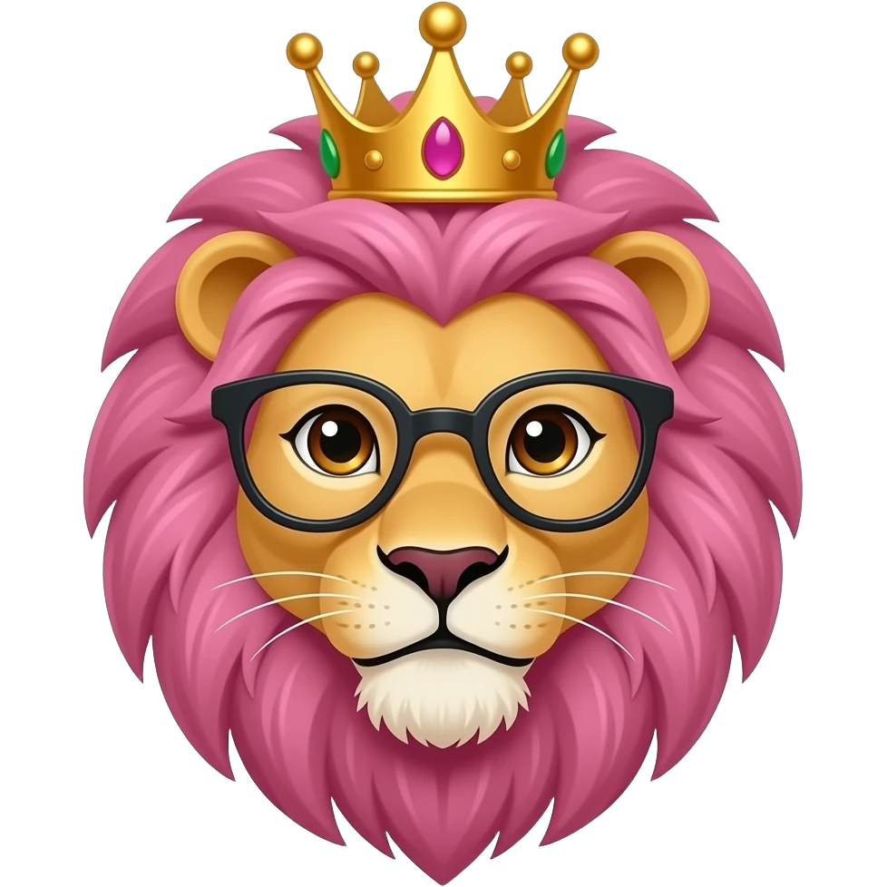 lion with pink hair and crown, face front and spectacles emoji