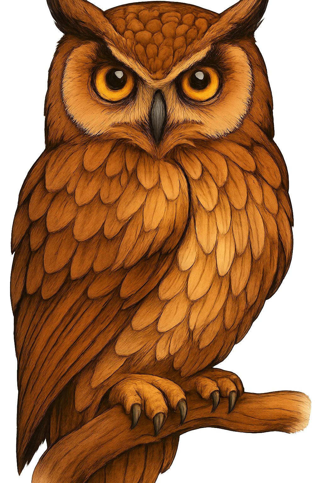 Paint the owl from the reference image in a drawn style with clear fills, detailed shadows and highlights, natural brown and beige tones, and expressive yellow eyes. Use simple contours and create volume through shadows and highlights, avoiding realism but keeping a hand-drawn look. emoji