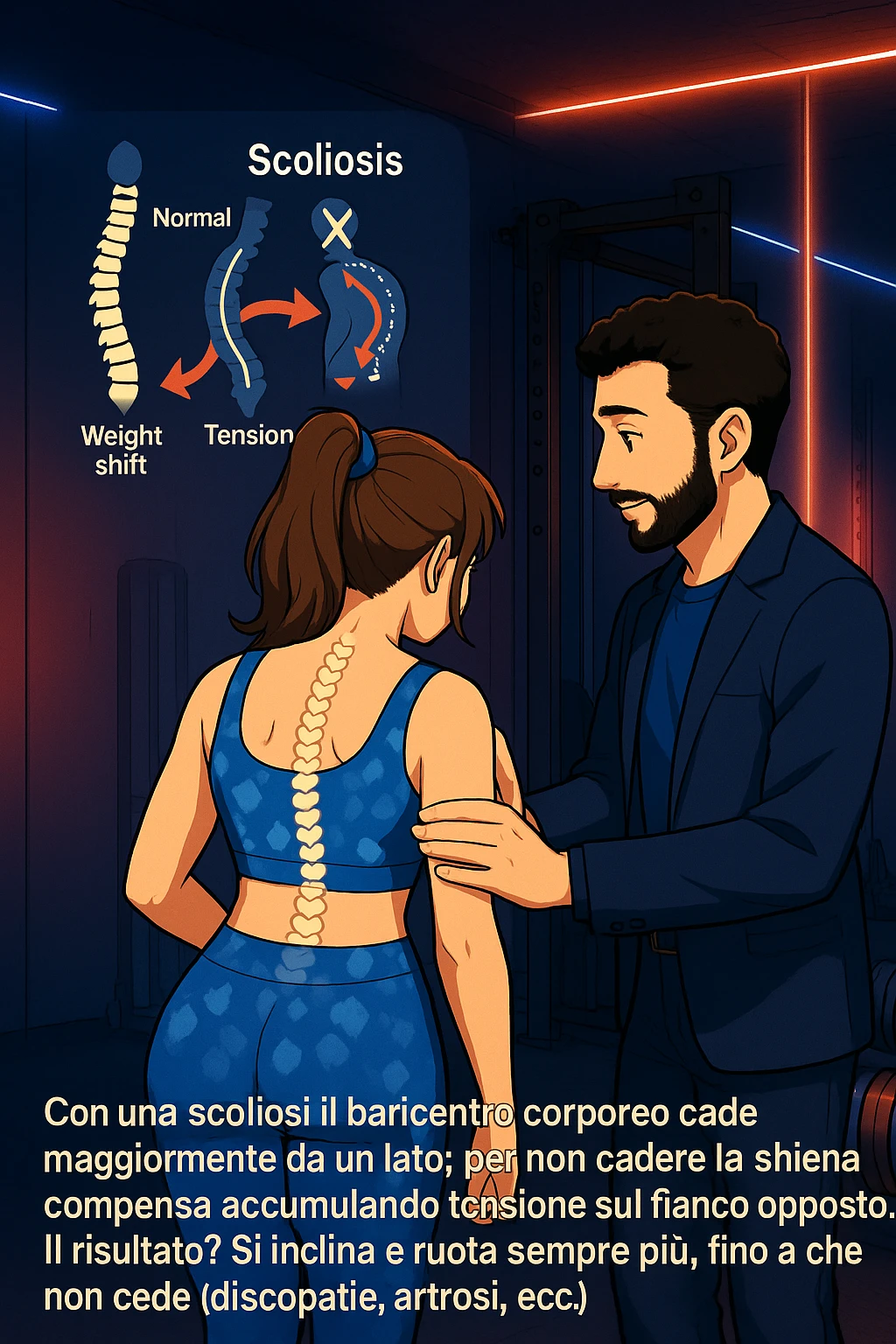 ispirati a questo stile di disegno e fai questa immagine in versione manga/webtoon a colori, il manga mostra la donna di spalle, mentre l'uomo le tocca la spina dorsale per spiegarle come funziona la scoliosi:
Con una scoliosi il baricentro corporeo cade maggiormente da un lato; per non cadere la schiena compensa accumulando tensione sul fianco opposto.
Il risultato? Si inclina e ruota sempre più, fino a che non cede (discopatie, artrosi, ecc) emoji