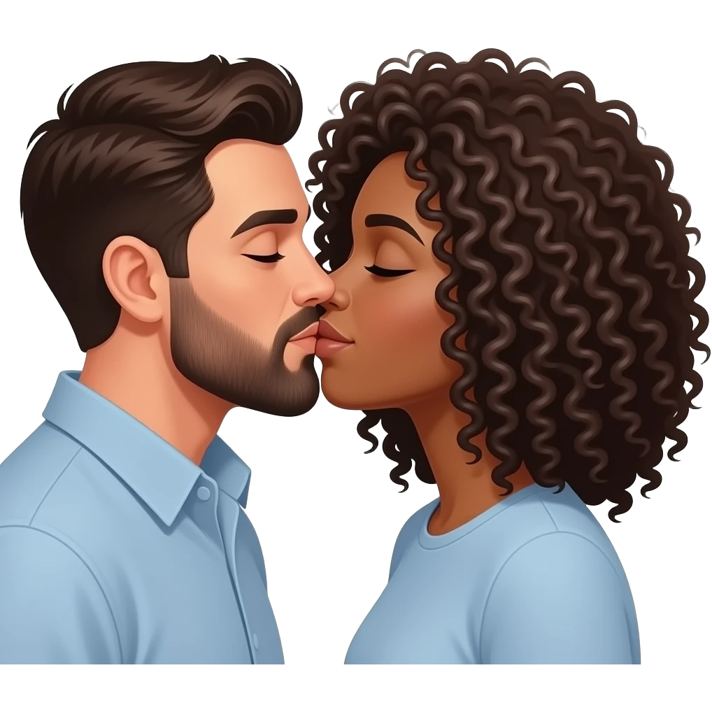 White man with dark brown hair and beard kissing a black woman with curly hair emoji