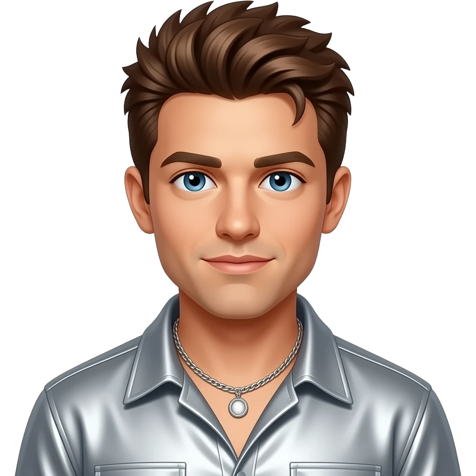 Dan Miller from O-Town with blue eyes, brown 2000s spiky hair, silver metallic shirt, necklace emoji
