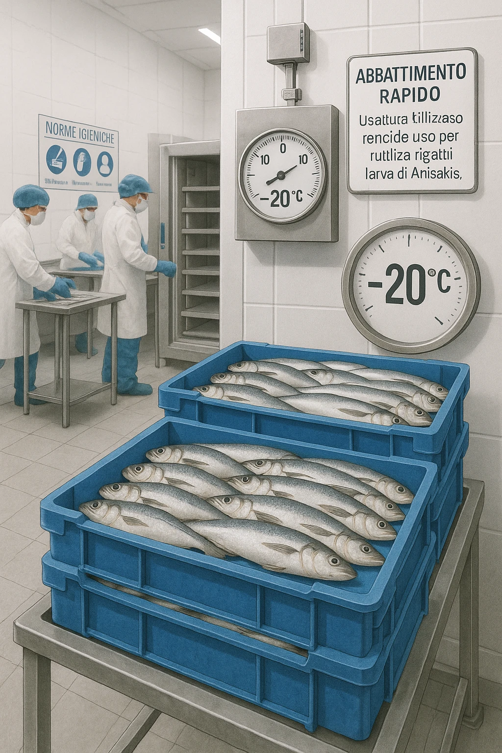 a fish processing facility where freshly caught fish are placed on trays and moved into a large industrial freezer. A temperature gauge shows -20°C, and an educational label explains that rapid freezing (abbattimento) is used to kill Anisakis larvae. The background includes workers in protective clothing and clear signage about food safety. in italiano emoji