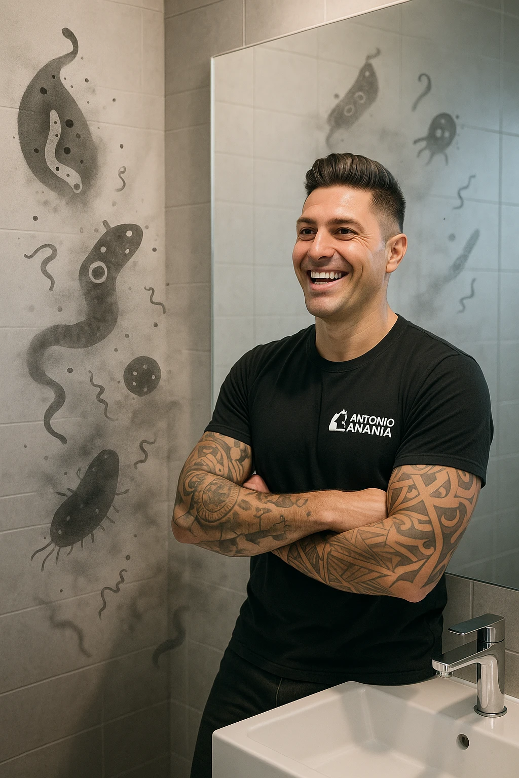 a man stands in a brightly lit bathroom, looking relieved and revitalized as he examines his reflection in the mirror. In the foreground, stylized, shadowy images of parasites (such as worms or protozoa) are shown leaving his body, dissolving into mist or fading away. His posture is upright and his expression is one of newfound energy and health. emoji