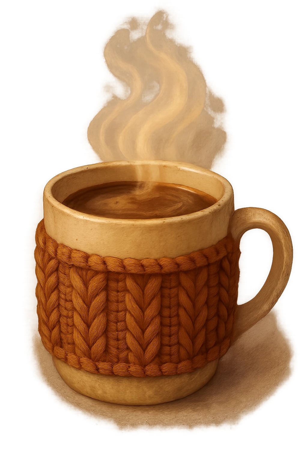 cozy hot cocoa in a knitted mug sleeve, comforting emoji