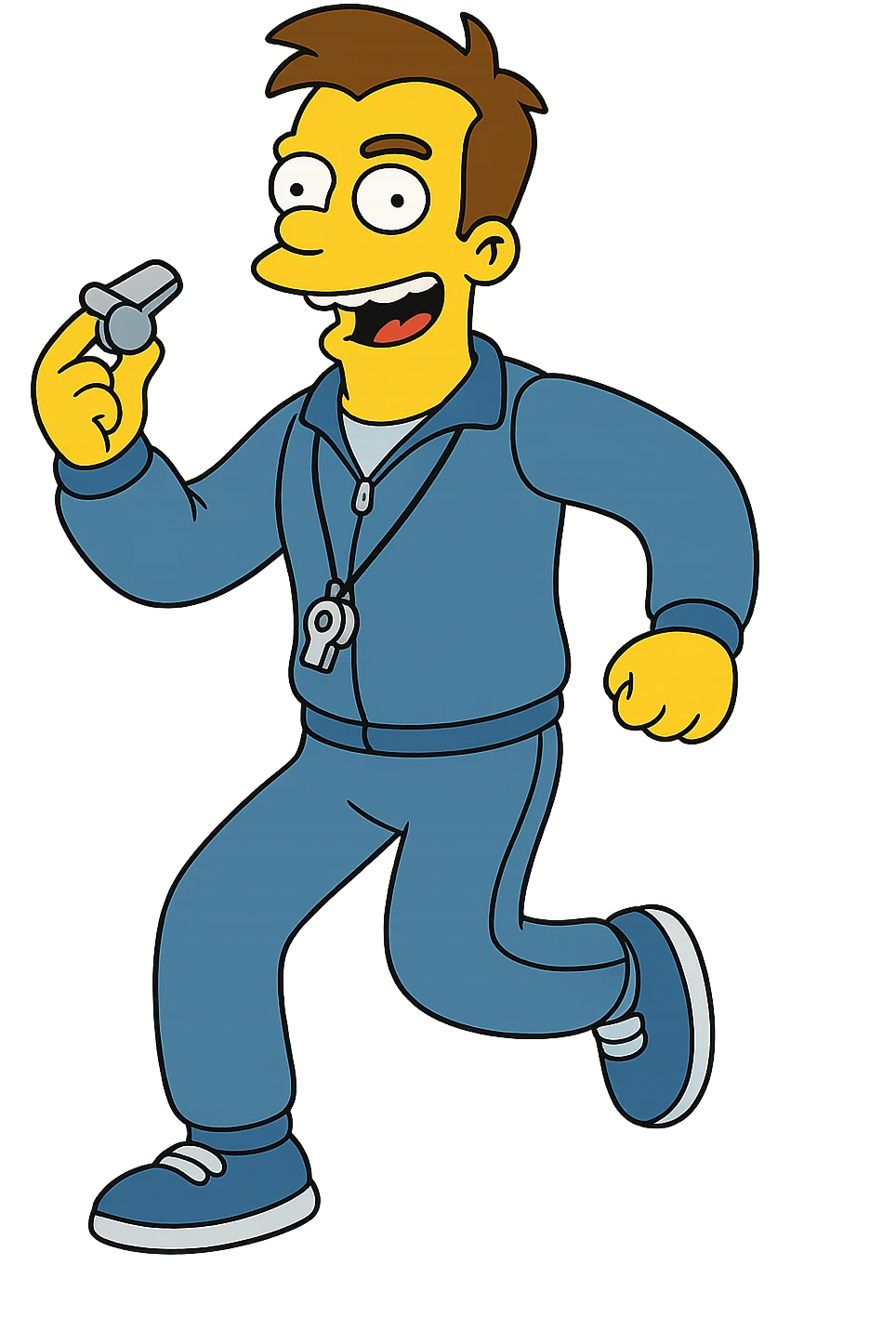 fitness trainer in Simpsons cartoon style, yellow skin, athletic build, blue tracksuit, holding a whistle, energetic pose emoji