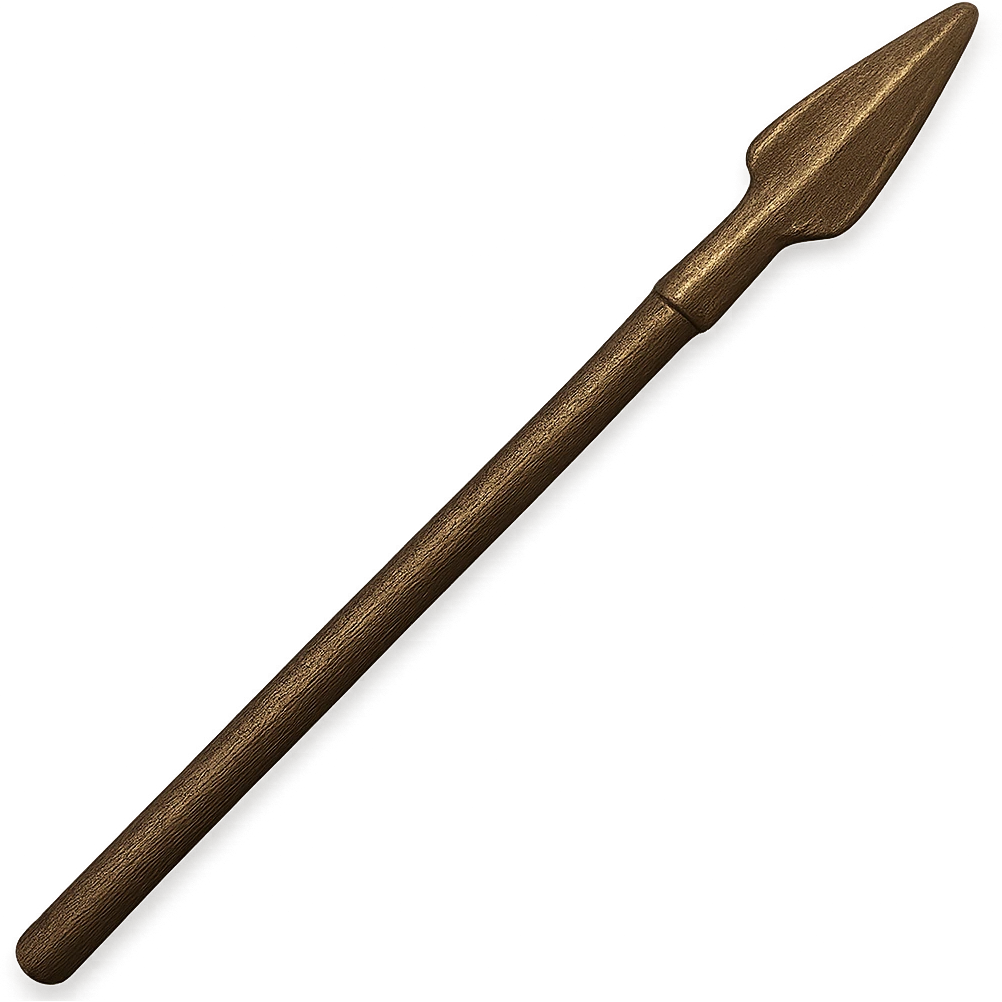Make the bronze spear longer and more realistic, matching the metallic and worn look of the other bronze items, in the style of apple emojis. The background should be transparent. emoji
