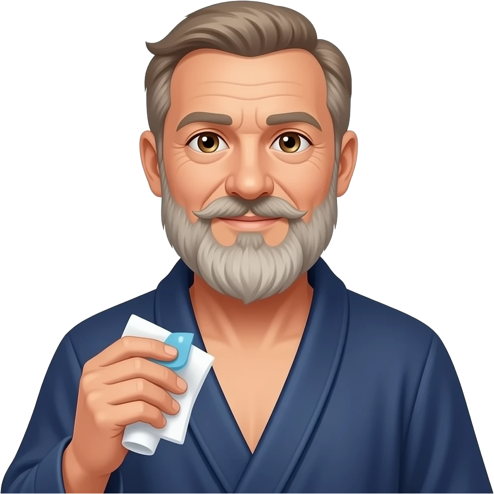 An older slim white man with thinning light brown hair, hazel eyes, moustache and very long scraggly graying beard, wearing a navy blue bathrobe, cleaning a toilet emoji