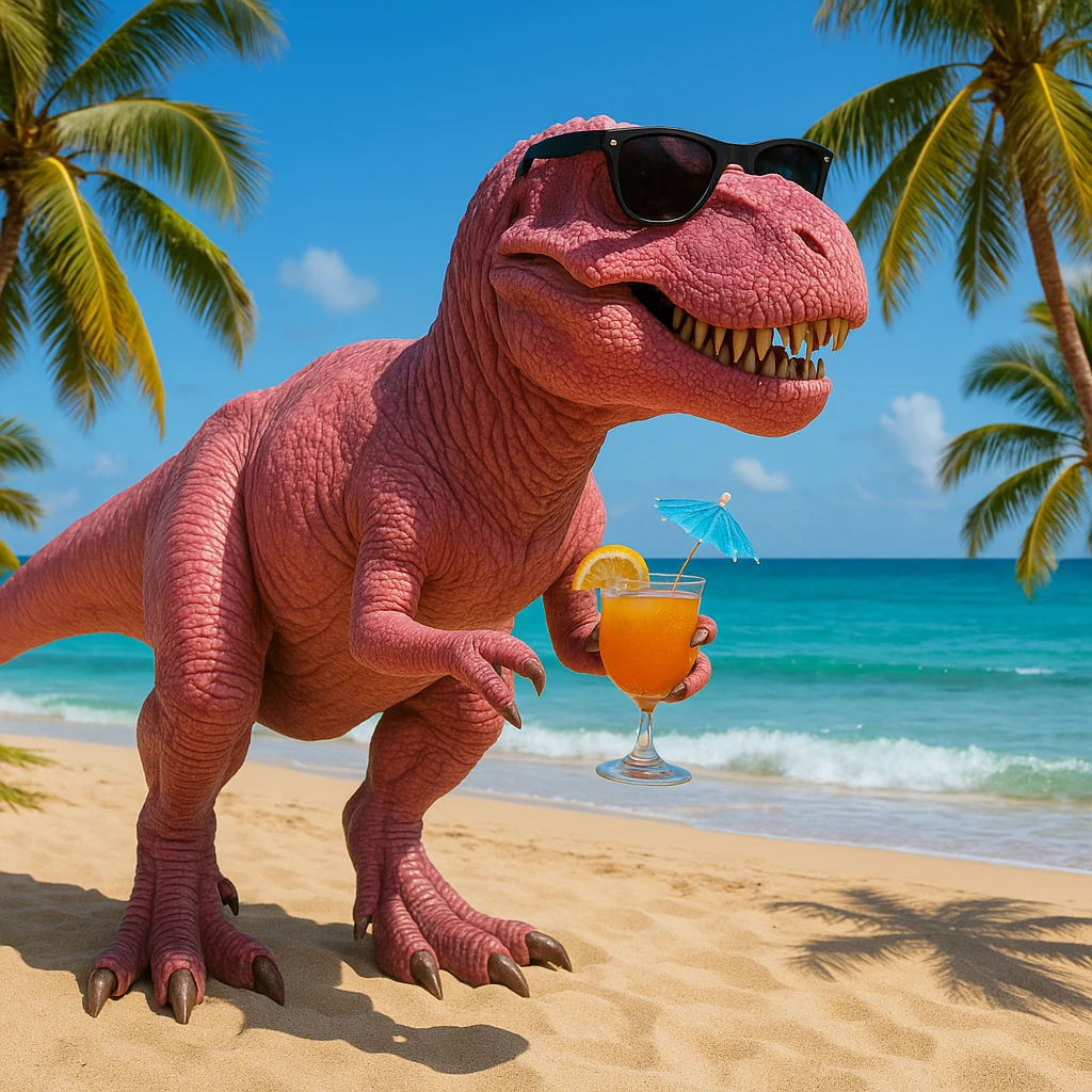 pink t-rex on vacation, realistic style, detailed and lifelike emoji