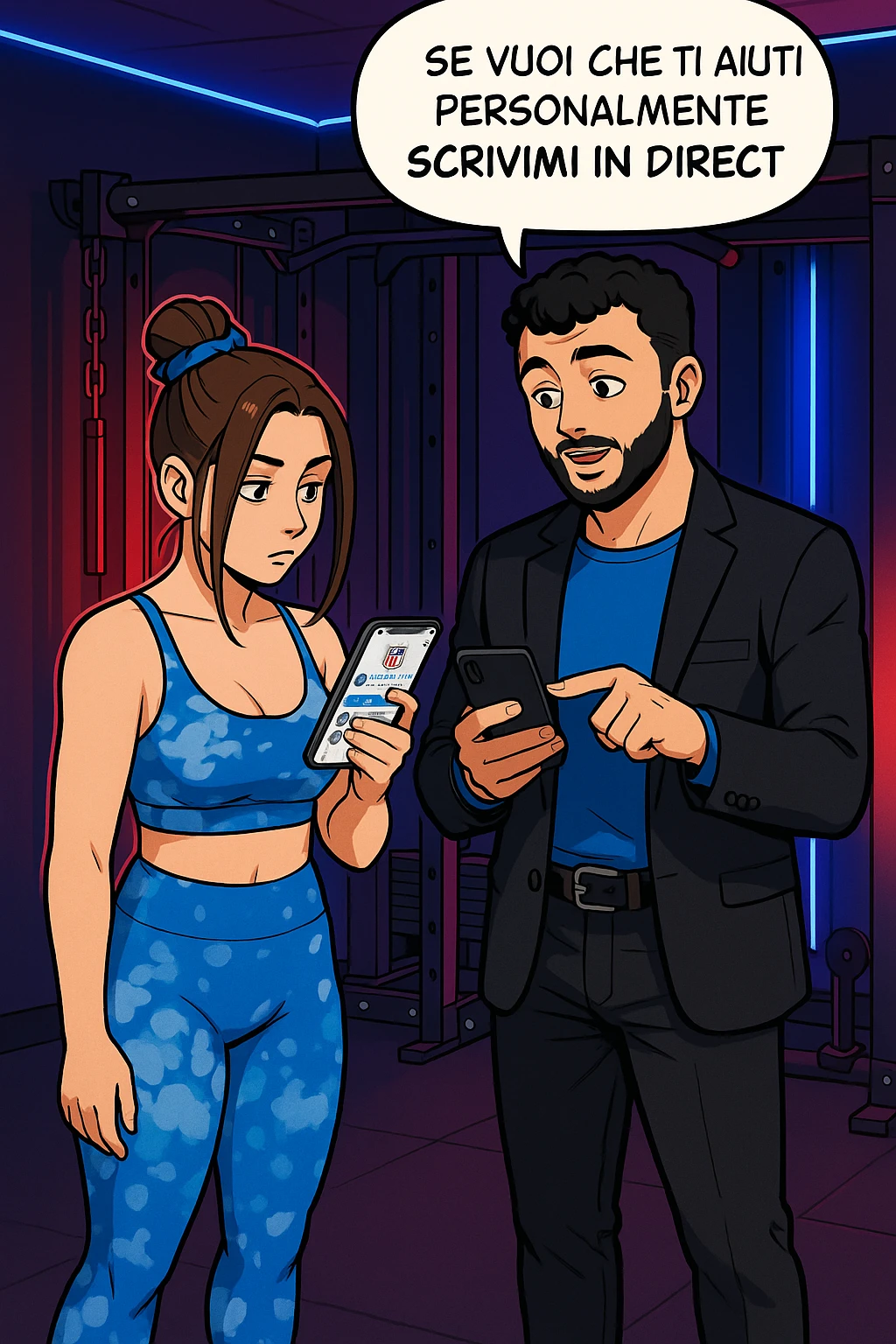 TRASFORMA QUESTO CAROSELLO IN UN FUMETTO STILE WEBTOON/MANGA A COLORI CON QUESTE DUE PERSONE IDENTICHE CHE INTERLOQUISCONO TRA LORO, L'UOMO MOSTRA UNO SMARTPHONE ALLA DONNA INDICANDOLO, E ANCHE LA DONNA HA LO SMARTPHONE IN MANO PER ANDARE A SEGUIRE IL SUO PROFILO INSTAGRAM:

LUI (UOMO): Se vuoi che ti aiuti personalmente
SCRIVIMI IN DIRECT emoji