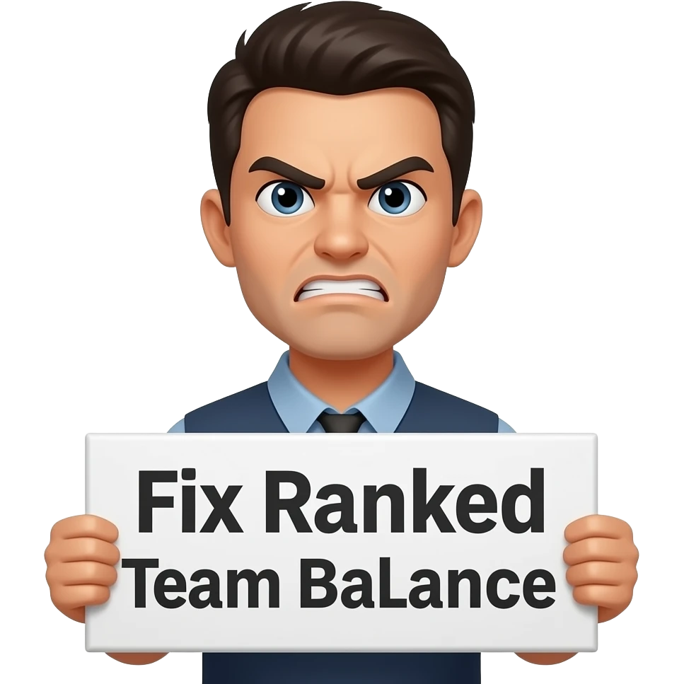 an emoji for Discord that is an angry face holding up a sign that says "Fix Ranked Team Balance" emoji
