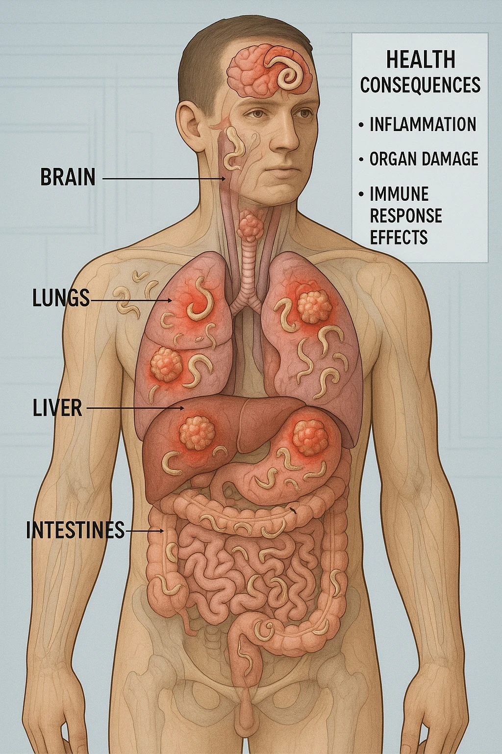 a semi-transparent view of a man’s body reveals numerous parasitic organisms inside his organs and tissues. Some areas are highlighted with red or inflamed zones, and small tumor-like masses are visible where the parasites cluster. The background is clinical and educational, with labels pointing to affected organs and a sidebar showing the health consequences. emoji