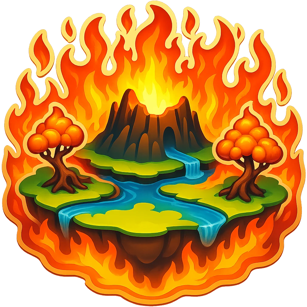Add much more fire all over the land, maintaining the surreal hell emoji style with transparent background as in the original image. emoji