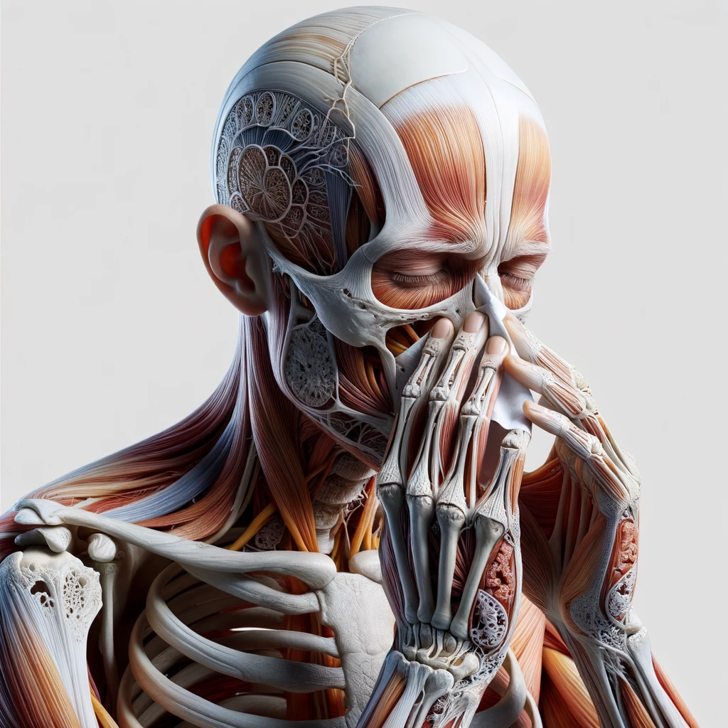 corpo umano anatomico che si soffia il naso perché ha il raffreddore, iperrealistico 4k, isolato su sfondo bianco emoji