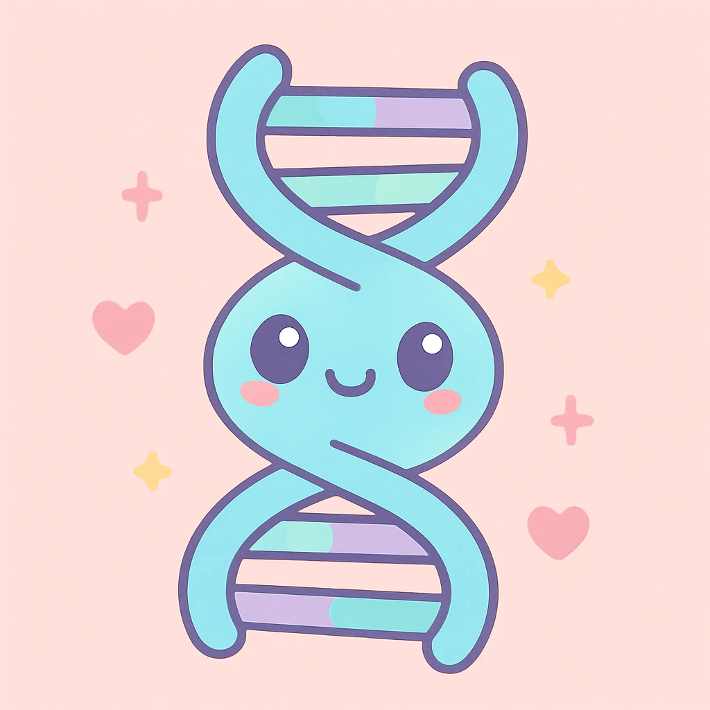 Kannst du mir bitte ein Bild erstellen im Kawaii-Stil? Also ganz übertrieben kitschig, also pastellige Farben mit den Thema Genetik. emoji
