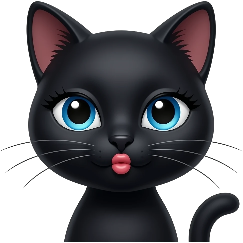 A close-up emoji face of a sleek black cat with vibrant blue eyes, looking flirty and seductive. Heavy-lidded 'bedroom eyes' with very long, thick black eyelashes. The cat is blowing a kiss with a puckered muzzle emoji