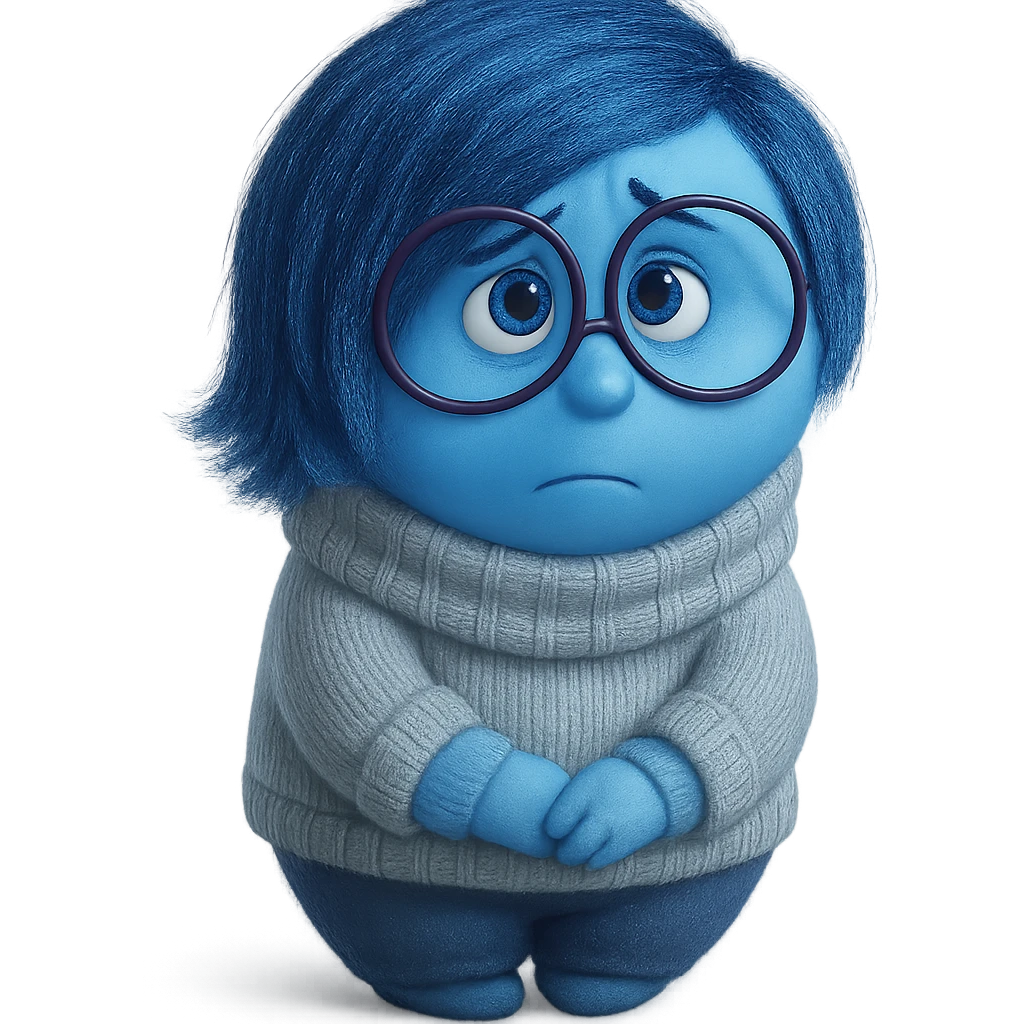 Sadness from Inside Out character, blue skin, short blue hair, round glasses, cozy sweater, looking sad, Pixar style emoji
