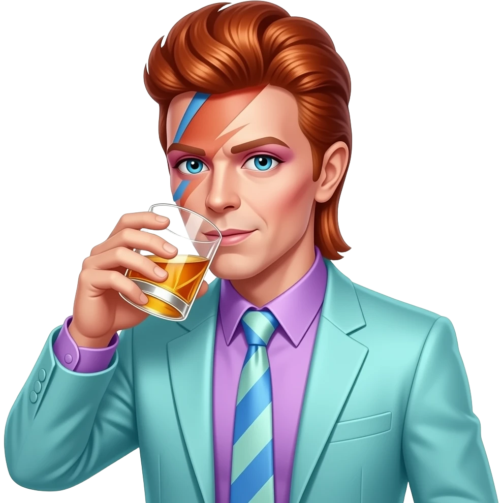 david bowie drinking whiskey, pale purple metallic shirt, pastel turquoise jacket and tie emoji