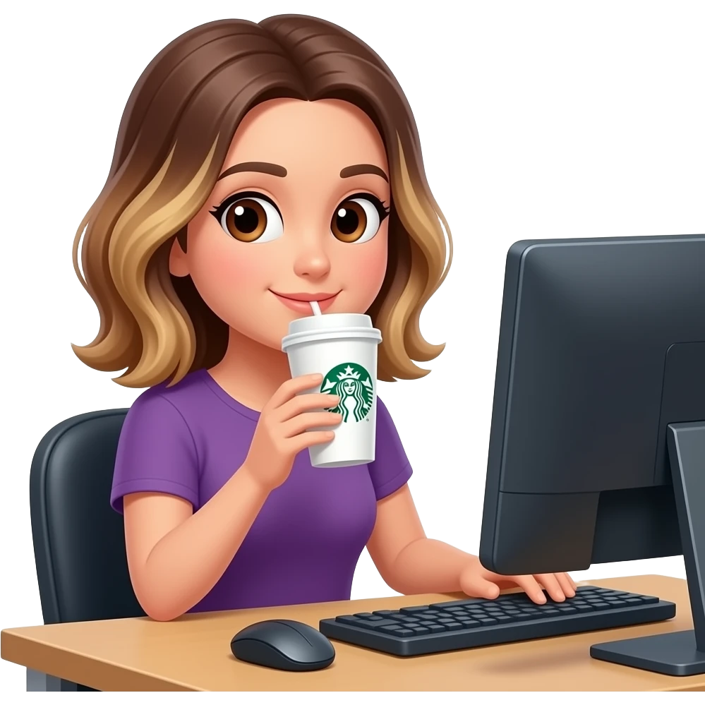 Woman drinking Starbucks coffee in computer, balayage hair medium long hair. Brown eyes , round face, emoji