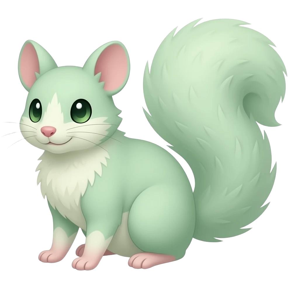 Light-green, soft realistic romantic vintage antique divine beautiful elegant pretty precious cute young youthful Fakémon-Pokémon-opossum-feline-mouse-serval-caracal-chinchilla-Minccino-Cinccino-Meowstic-rodent-hybrid-creature with a big fluffy bushy tail (full body) emoji