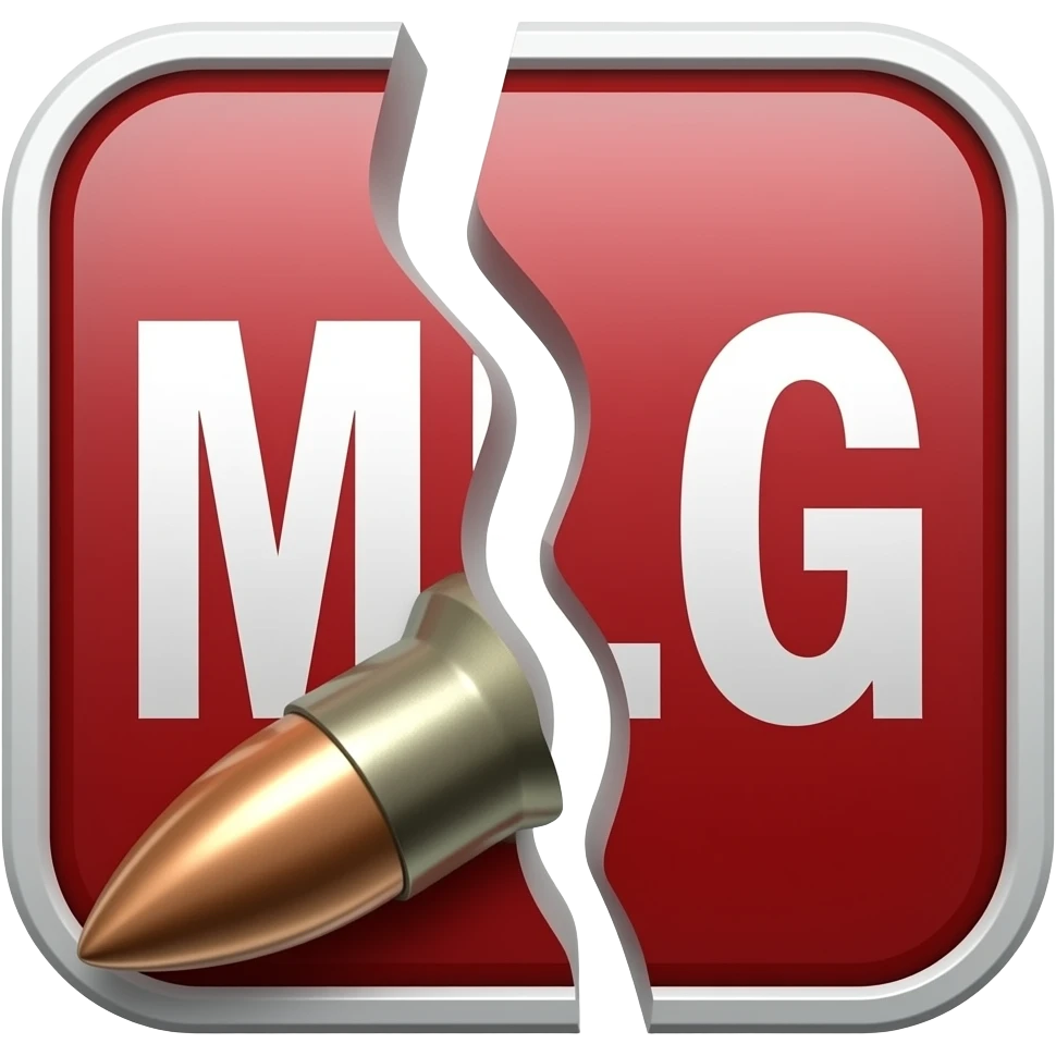 Надпись MLG пронзённая пулей и застревает в воклицательном знаке который ломается пополам в конце emoji