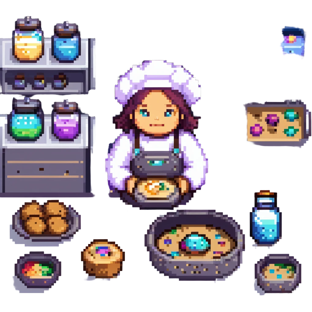 An interstellar baker crafting cookies in zero gravity, using stardust and planetary spices. The kitchen orbits a nebula, with floating tools and anti-gravity dough. UI features galactic swirls, shimmering constellations, and planetary icon emoji