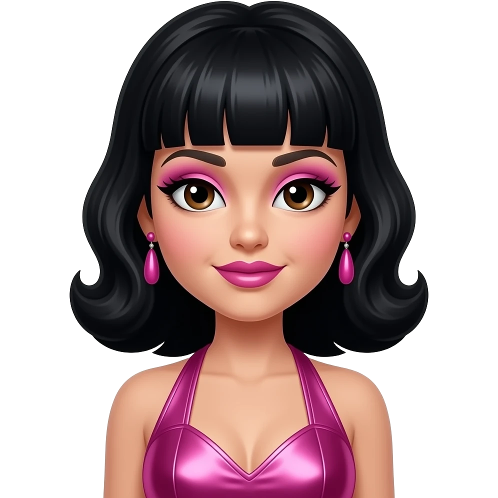 Tin with dark brown eyes, long black 60s beehive hair, pink eyeshadow and lipstick, hot pink metallic halter dress, pink earrings emoji
