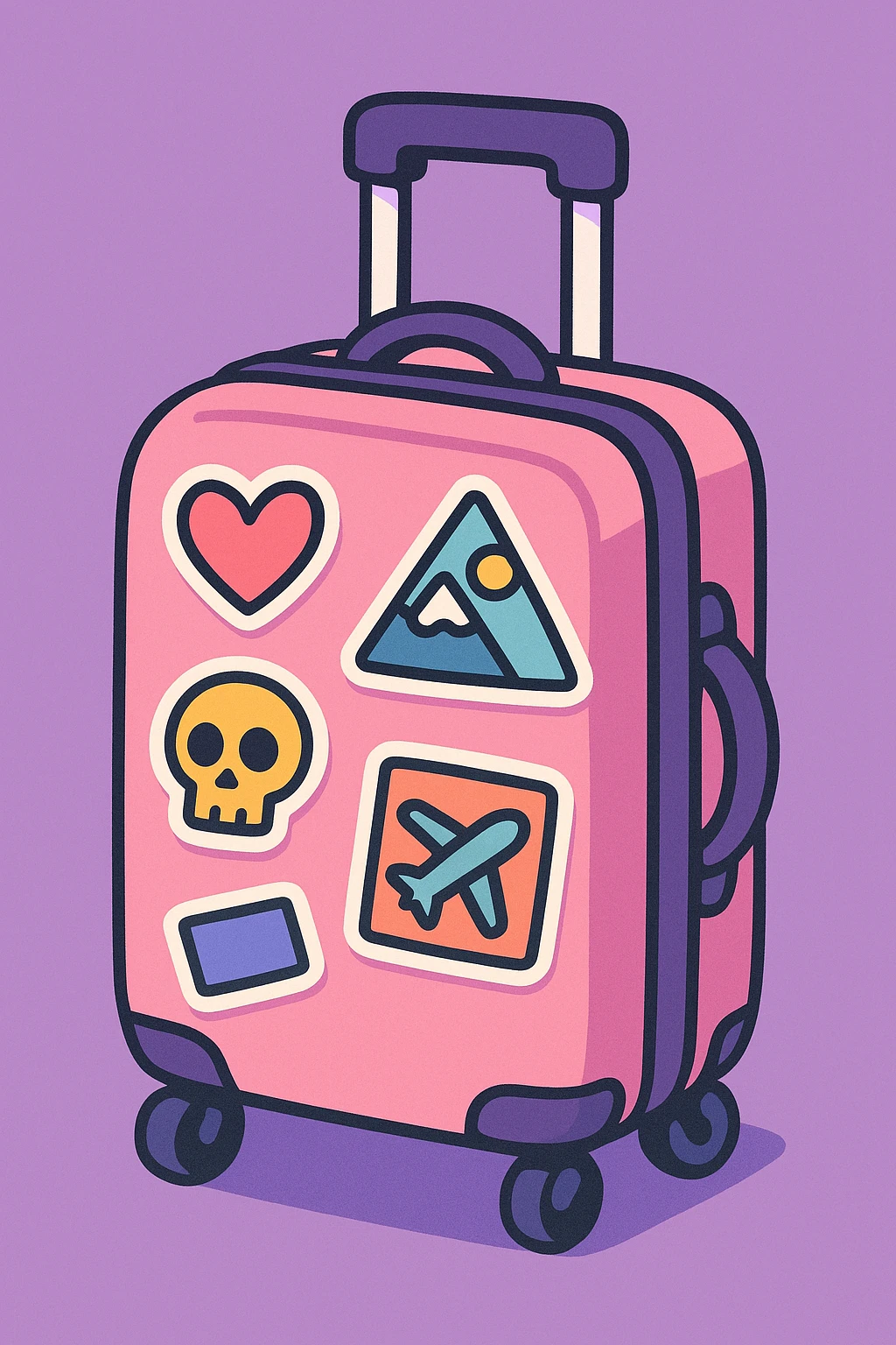 pink and purple rolling suitcase with various travel stickers, thick line art, flat pastel colors, graphic shadows and highlights, white sticker outline, cute cartoon style, variation 1 emoji