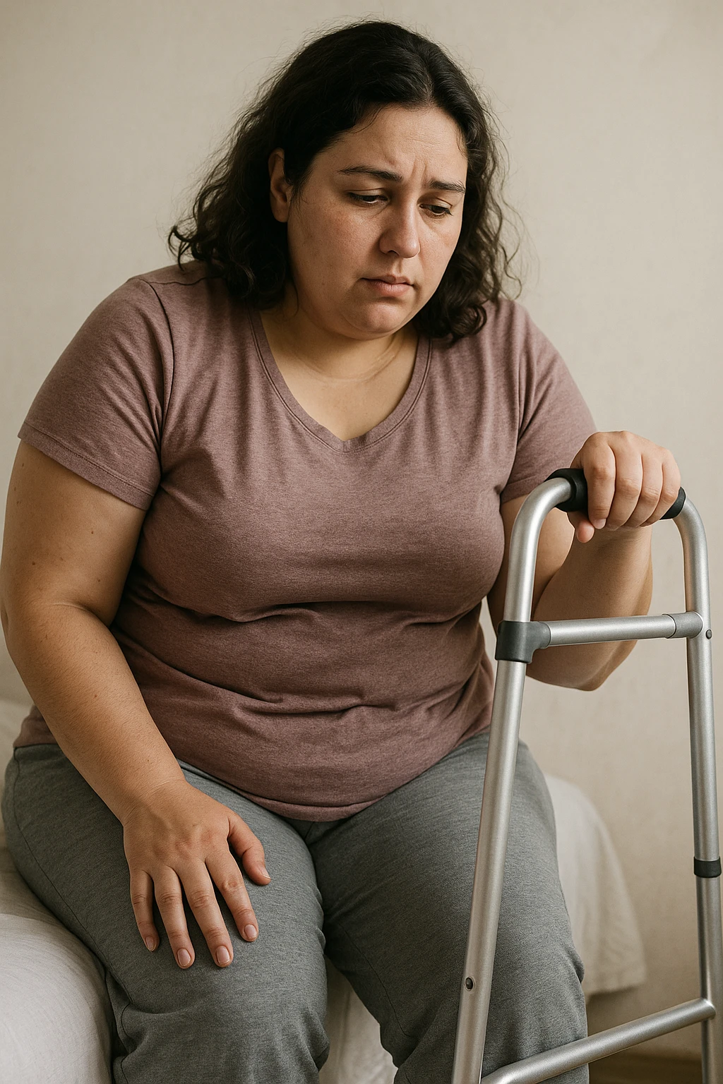 Donna con problemi difficoltà  nella mobilità a causa della sua PCOS, immagine realistica emoji