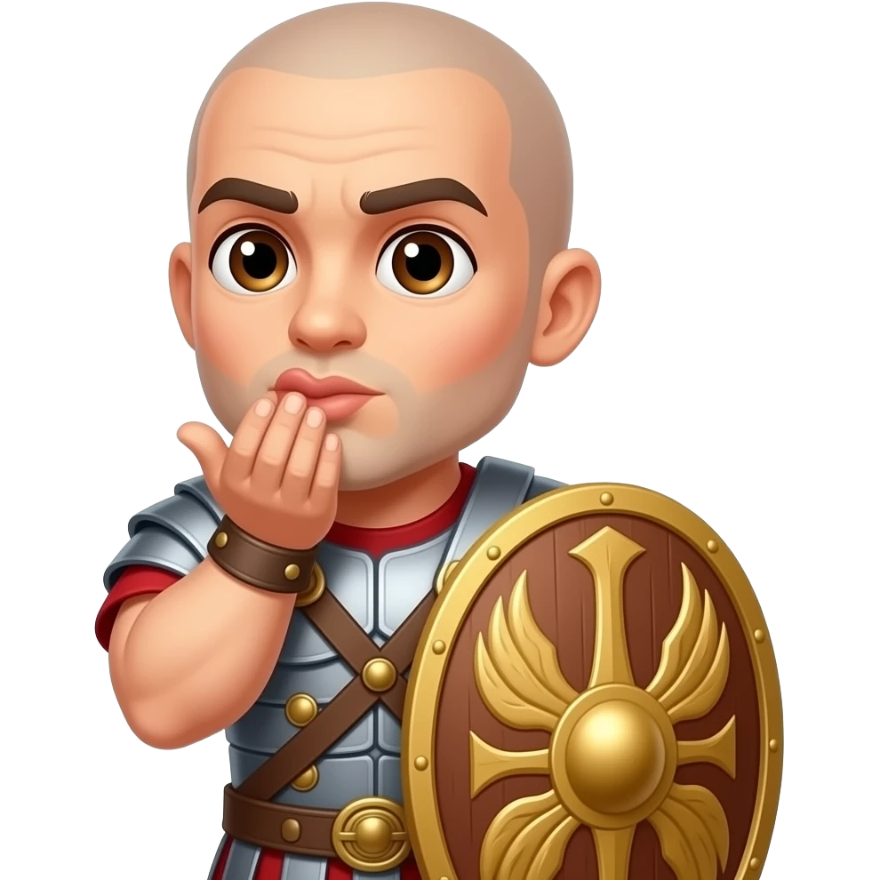 Muscular Roman soldier bald with brown eyes blowing a kiss with hand the Letter E on the shield emoji