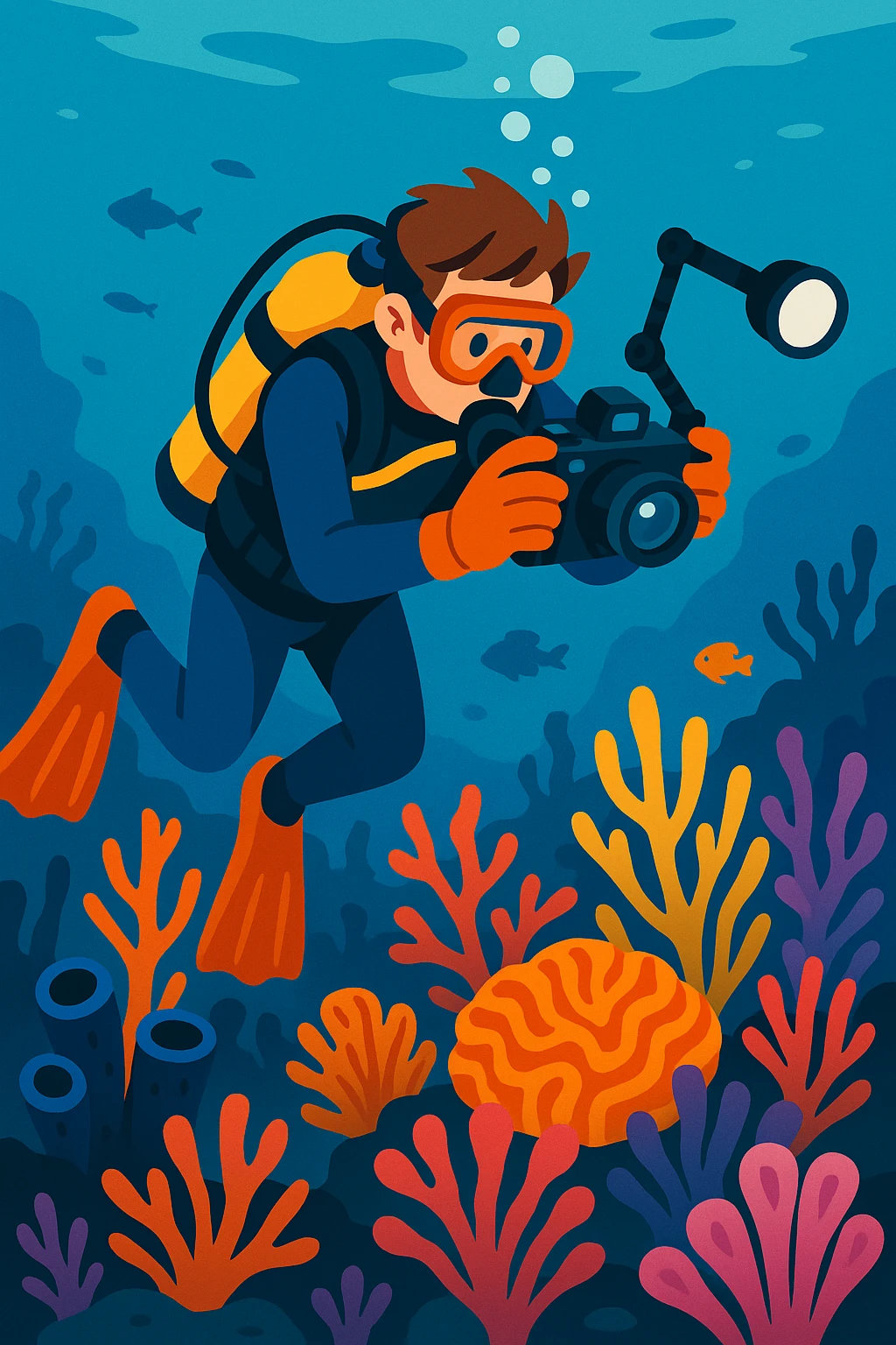 male dive photographer underwater wearing scuba gear taking photos of coral reefs vibrant semi-realistic illustration style emoji