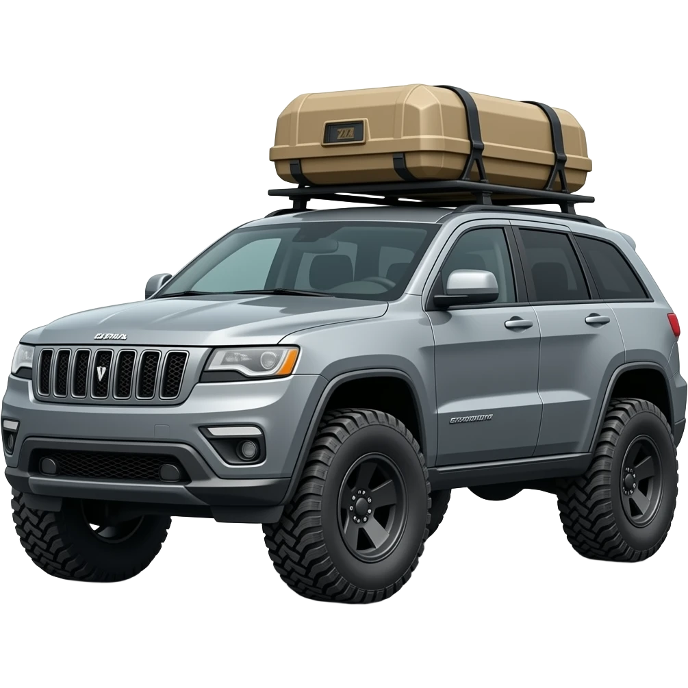 Gray grand Cherokee with offroad tires and rotopax on a roofrack emoji