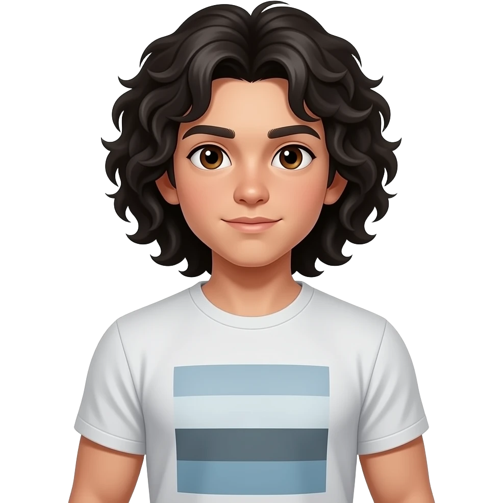 Hazme un chico con pelo largo, rizado y negro, ojos marrones. Y que este un poco musculoso. Que tenga camiseta. Que se vea el cuerpo entero y tenga unos doce años emoji