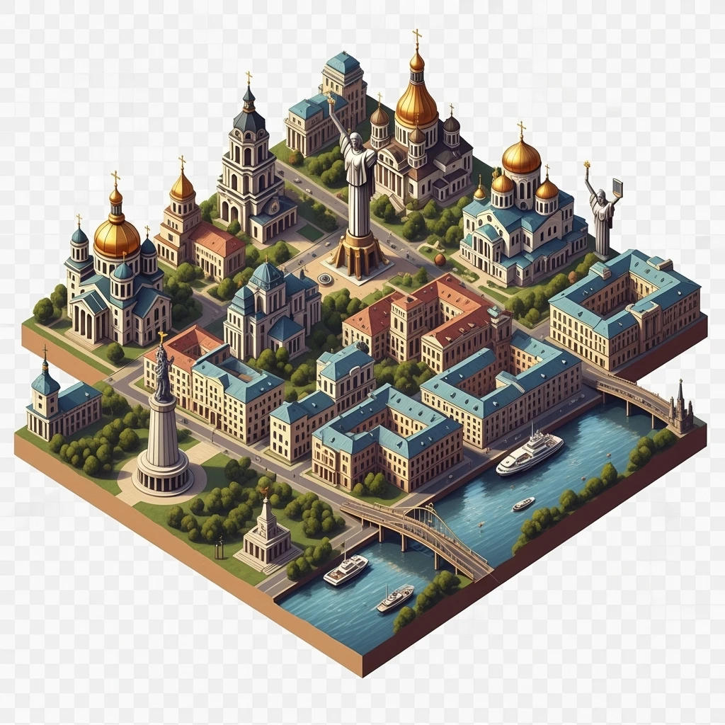 Isometric illustration of photorealistic Kyiv, balanced between paint stylized and realistic, 3D miniature effect, transparent background. emoji