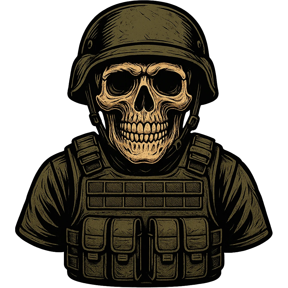 skull wearing a bulletproof vest and a military helmet, detailed and bold, no background emoji