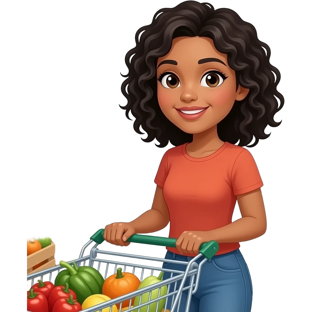 A medium-light skinned woman with shoulder-length black curly hair shopping at the grocery store emoji
