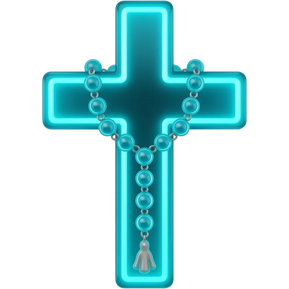 cruz sagrada ciano vidro neon com rosário ciano vidro neon emoji