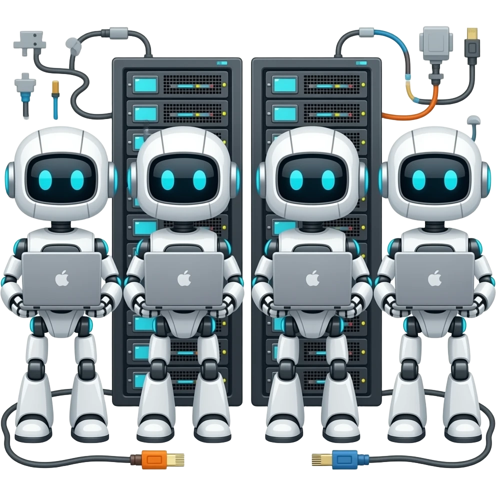 create 4 robot with laptop, hardware, connectivity, hosting make him cuter more smiley emoji