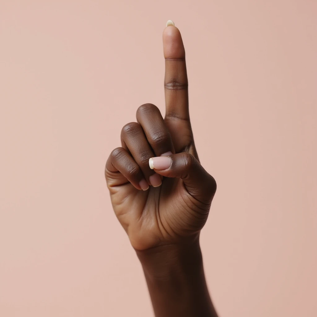 photorealistic lady's index finger pointing up, feminine hand, dark skin, plain background emoji