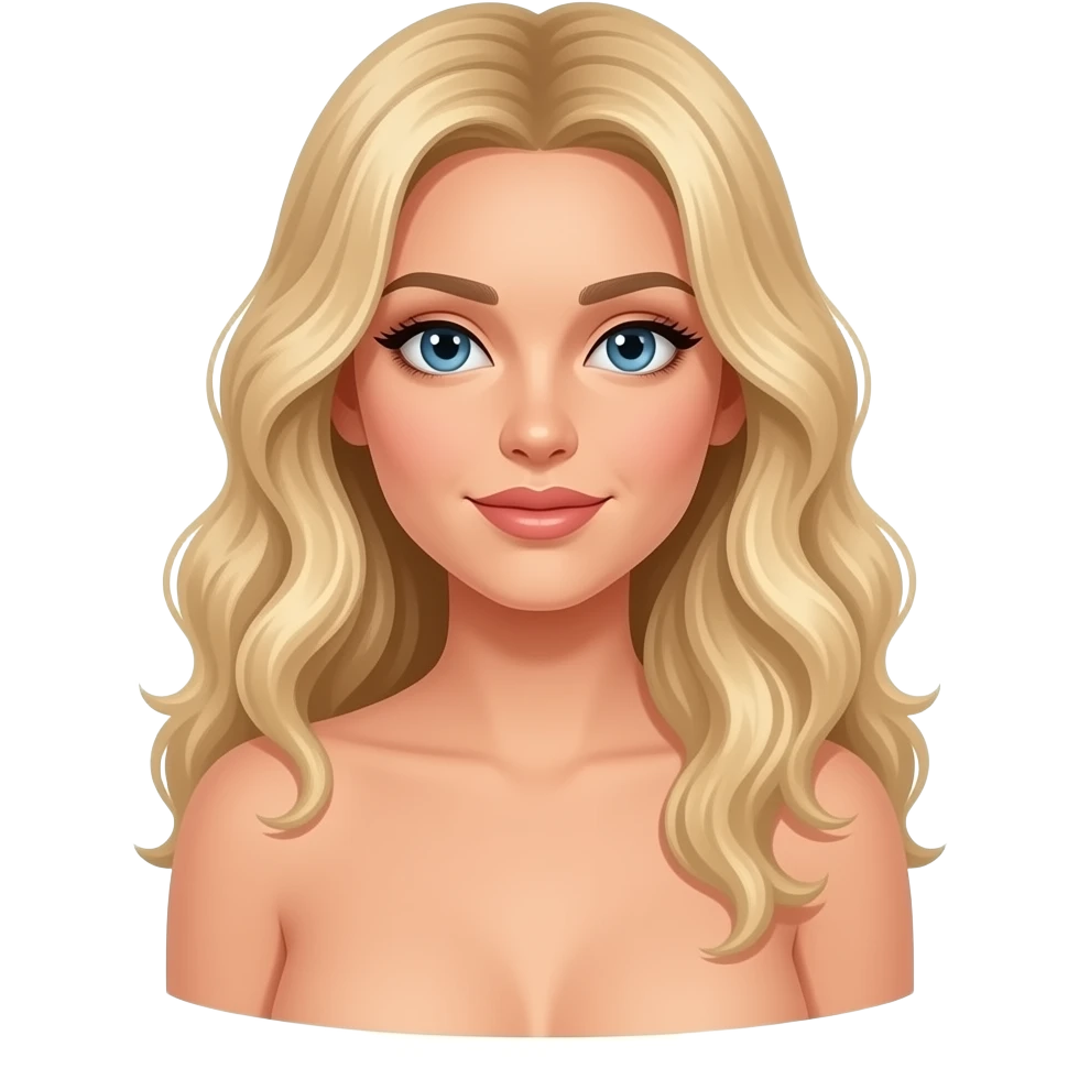 Woman with long blonde loosely curled hair, naked, hour glass shaped body emoji