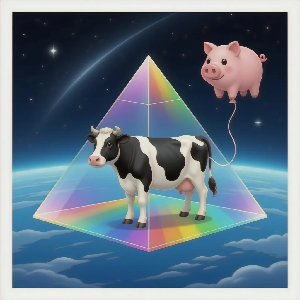 a black and white cow stands inside a glass pyramid floating in space and shining with rainbow colors, outside the pyramid floats a balloon in the shape of a pig connected to the cow emoji