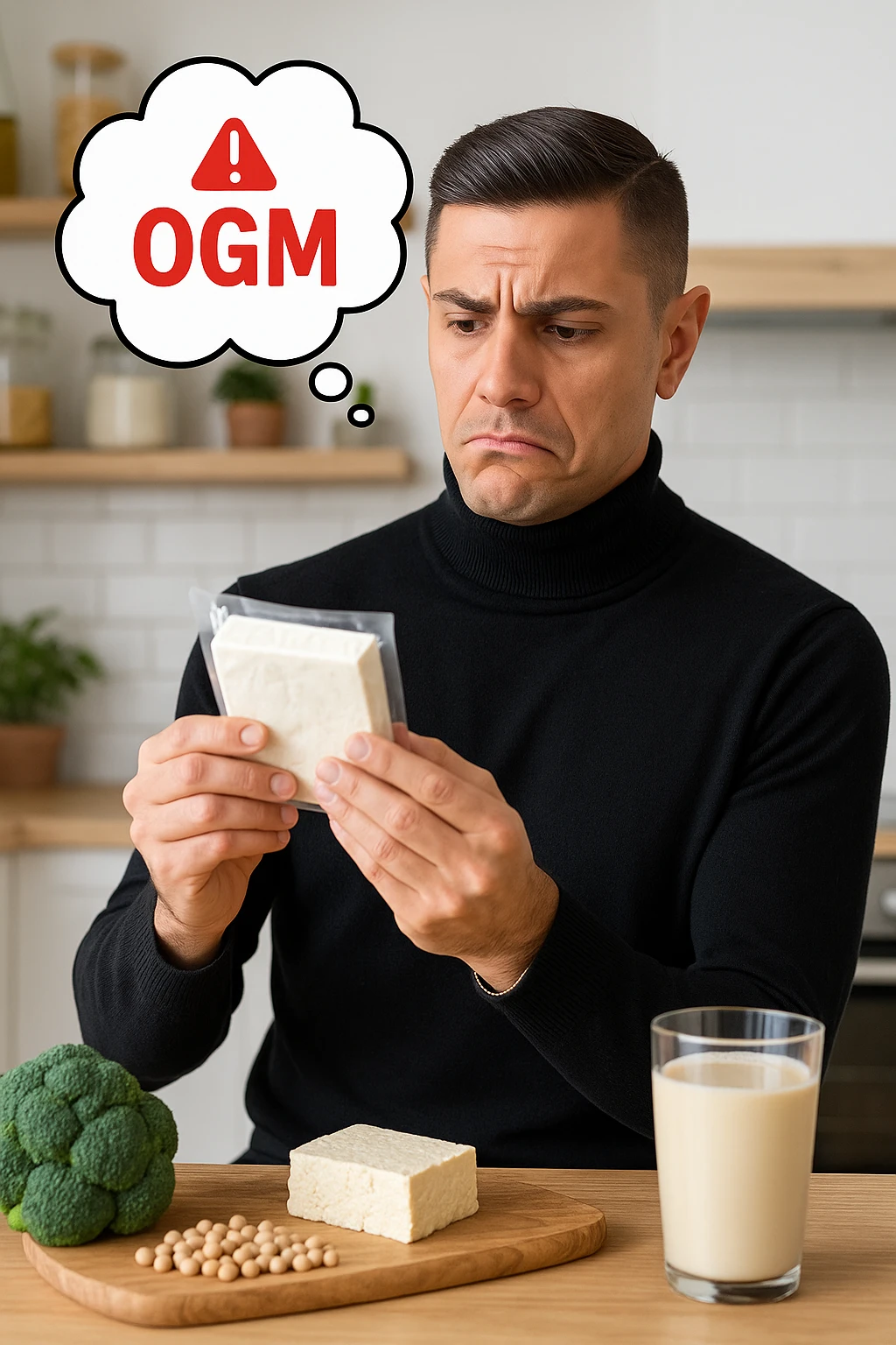 un uomo in cucina tiene in mano una confezione di soia o tofu, osservandola con un’espressione scettica e preoccupata. Sopra la confezione, una nuvoletta di pensiero mostra la scritta “OGM” evidenziata in rosso, accompagnata da un simbolo di allarme o un punto interrogativo. Sullo sfondo, altri alimenti naturali sono visibili sul tavolo, sottolineando la sua preferenza per prodotti non OGM. emoji