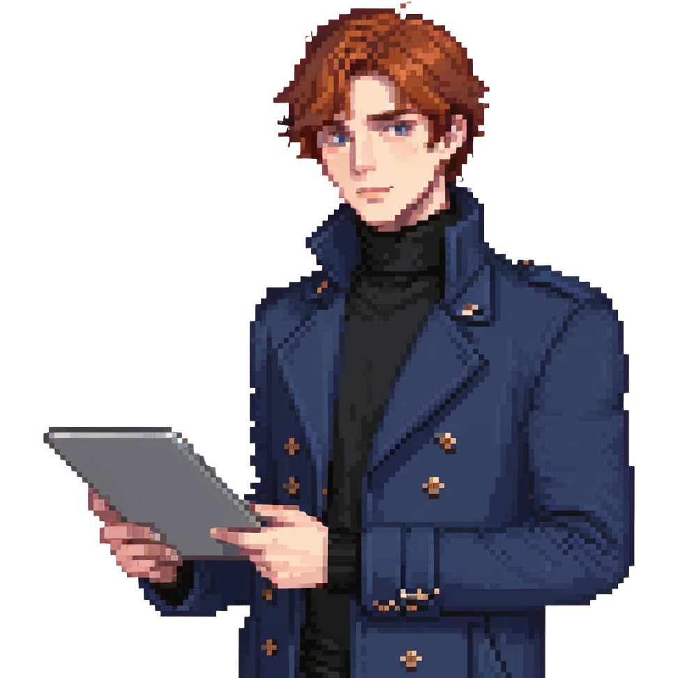 Flat pixel art, bold and charismatic male leader, Caucasian, short auburn hair, sharp eyes, indigo coat over black turtleneck, one arm raised pointing out, holding tablet, waist-up, front-facing emoji