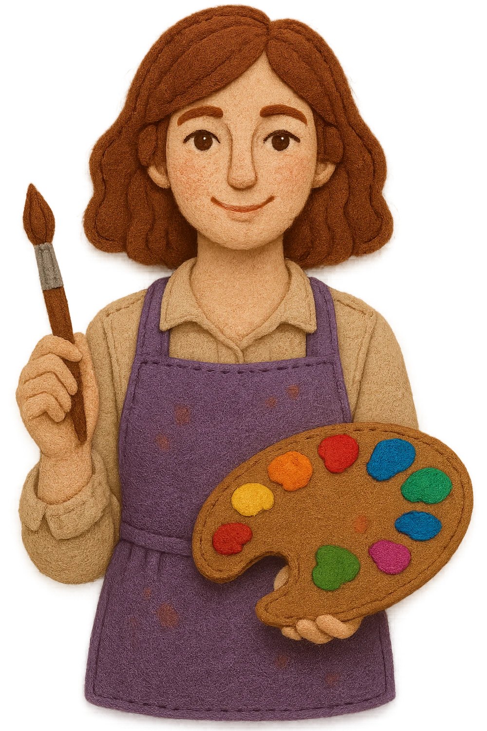 Serene female oil painter, Caucasian features, shoulder-length auburn hair, soft brown eyes, gentle smile, wearing a violet painter’s apron lightly stained with paint over a beige blouse, holding a wooden palette with vibrant colors in one hand and a brush in the other, waist-up, front-facing emoji