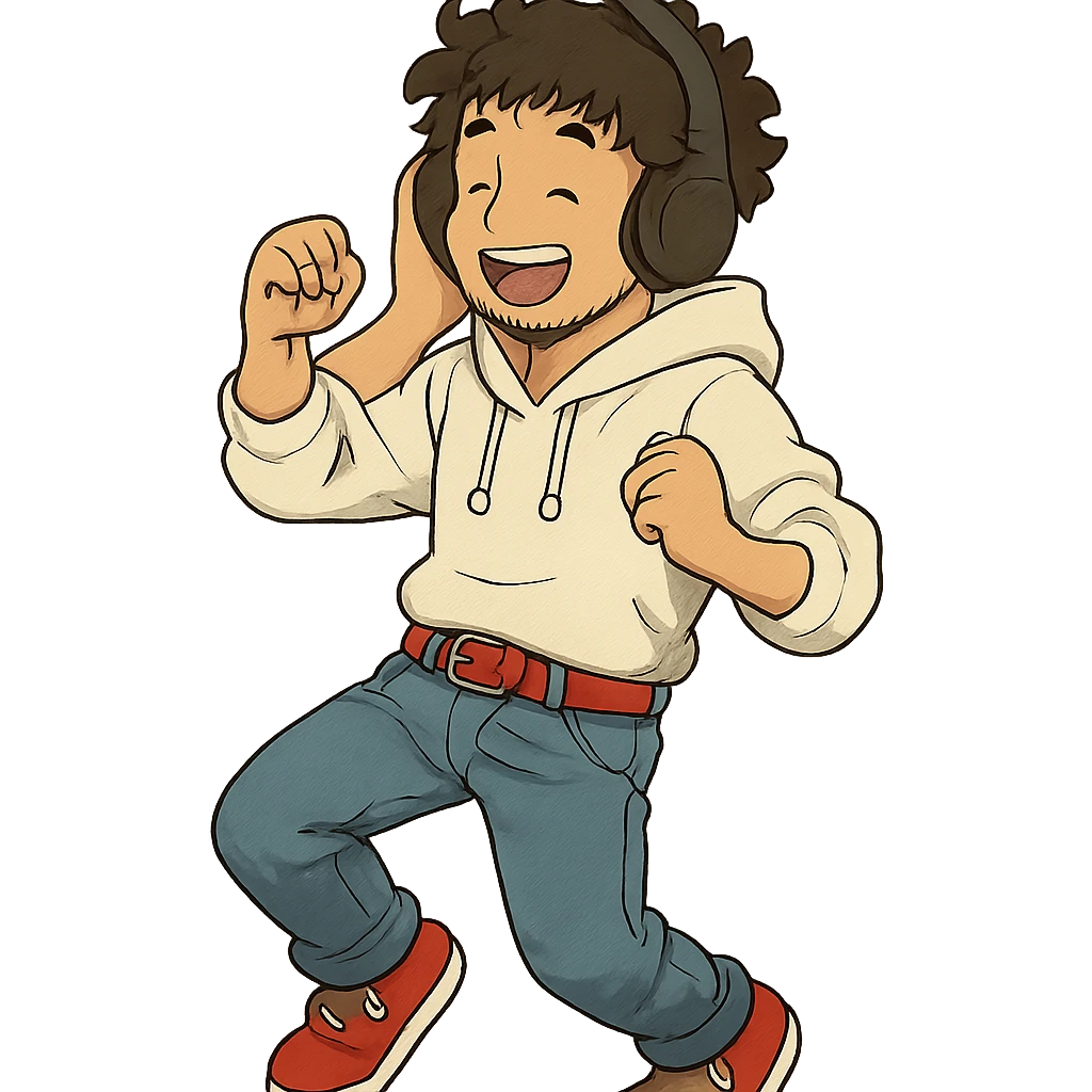 1 male, mid fade haircut dark chestnut brown curly hair, toasted lightskin, white hoodie sleeves up, fashion jeans, red fashion-sneakers shoes, red belt, short trimmed beard and goatee,  style of deku from "my hero academia", headphones on jammin', twtich emote emoji