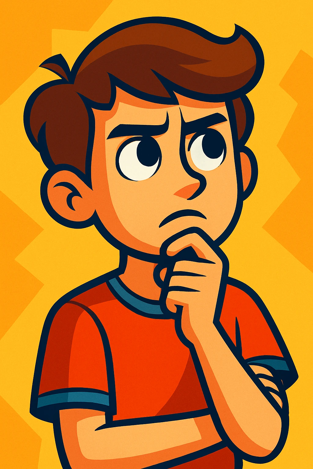 brown-haired adolescent with white skin, hand on chin, analytical gaze, vibrant style emoji